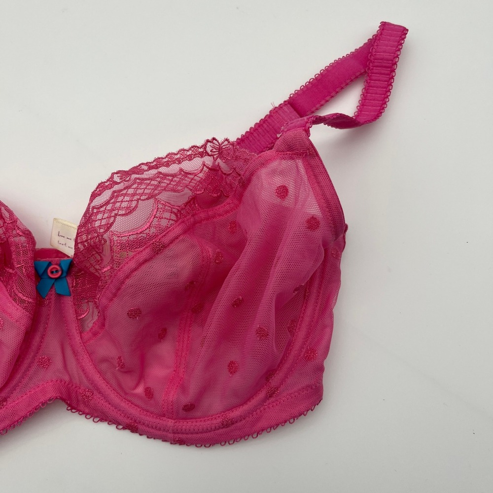 Cleo by‎ Panache Bra Womens 32FF Pink Marcie Balconette Polka Dot Mesh Lace 6831